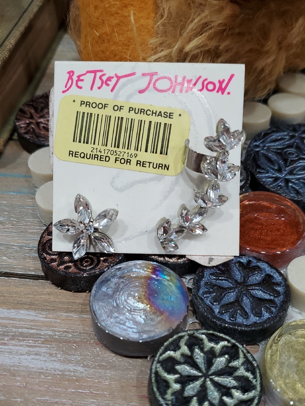 Betsey Johnson Rhinestone Silver Tone Earring And Ear Cuff Set New Sparkly #201